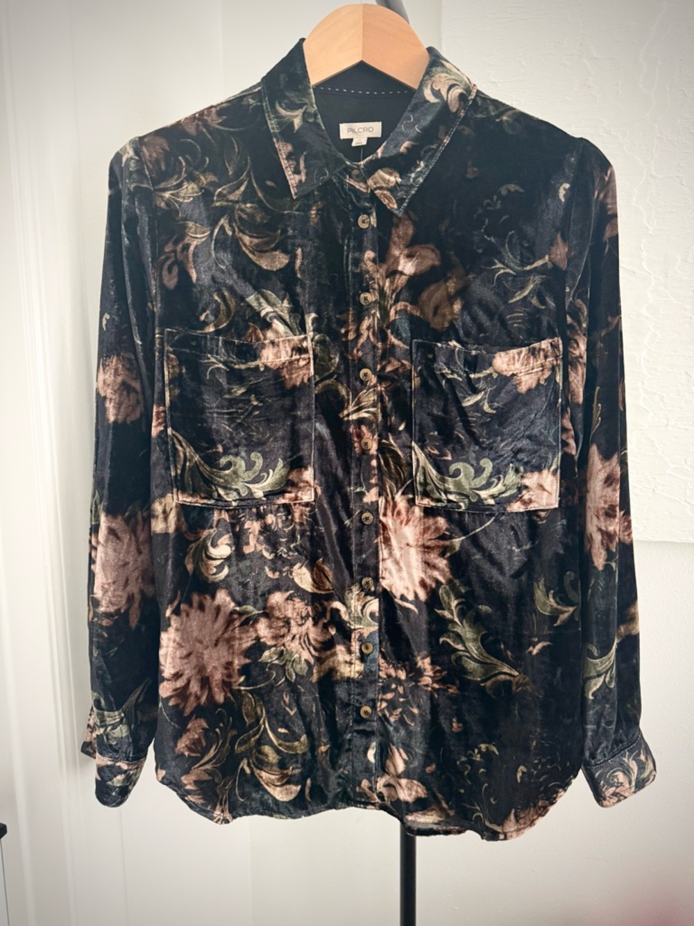 Pilcro Black Floral Velvet Button-Up Shirt